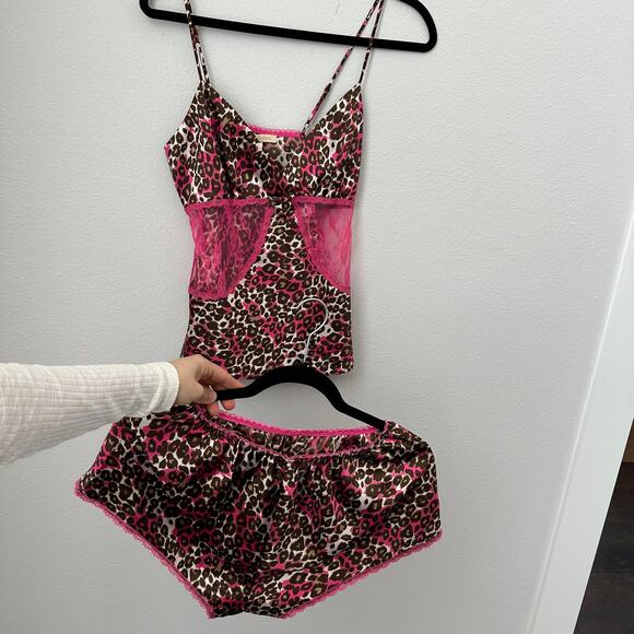 Flora Nikrooz Pink brown lace leopard print nighty lingerie Set - Picture 1 of 7